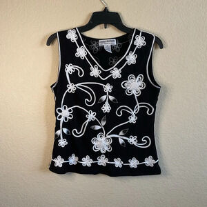 Lauren Michelle Womens Vintage Black White Applique Floral Sleeveless Top Size M